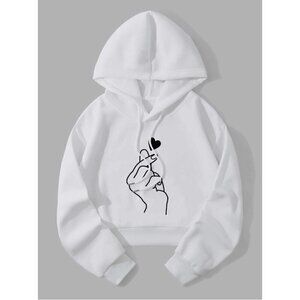 SHEIN EZwear Gesture & Heart Print Drop Shoulder Drawstring Thermal Hoodie